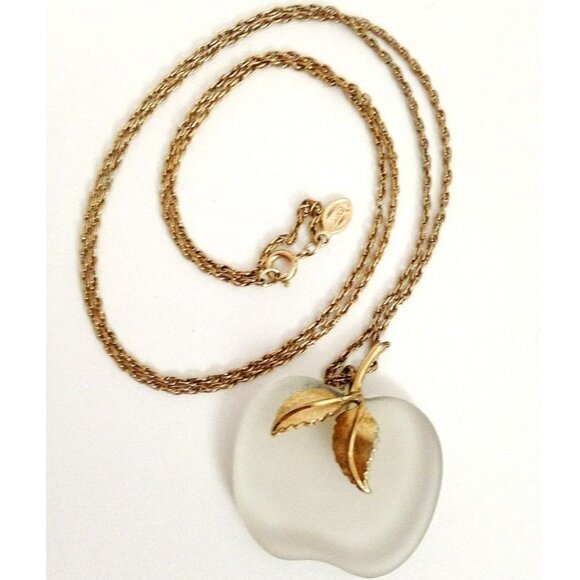 Avon Vintage Frosted Clear Glass Apple Pendant Chain Necklace, Signed 28" Long - Picture 1 of 10